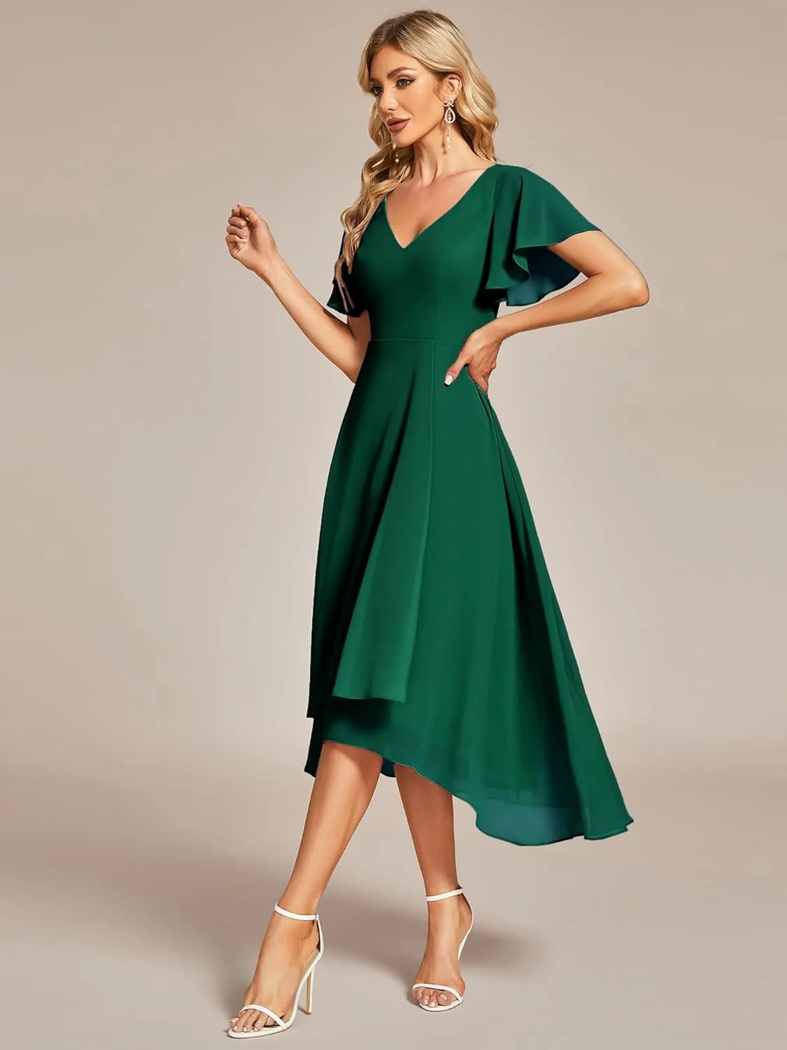 Ever-Pretty Women's V Neck Ruffle Sleeves Irregular Chiffon A-Line Midi Wedding Guest Dresses 01756