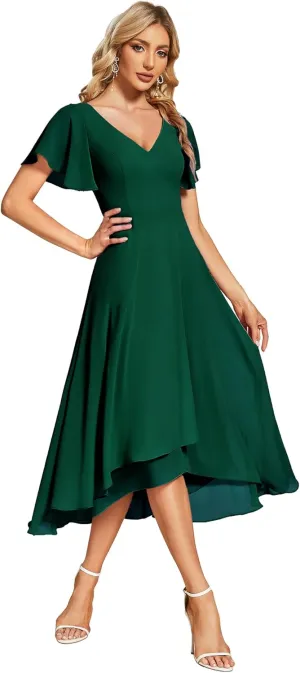 Ever-Pretty Women's V Neck Ruffle Sleeves Irregular Chiffon A-Line Midi Wedding Guest Dresses 01756