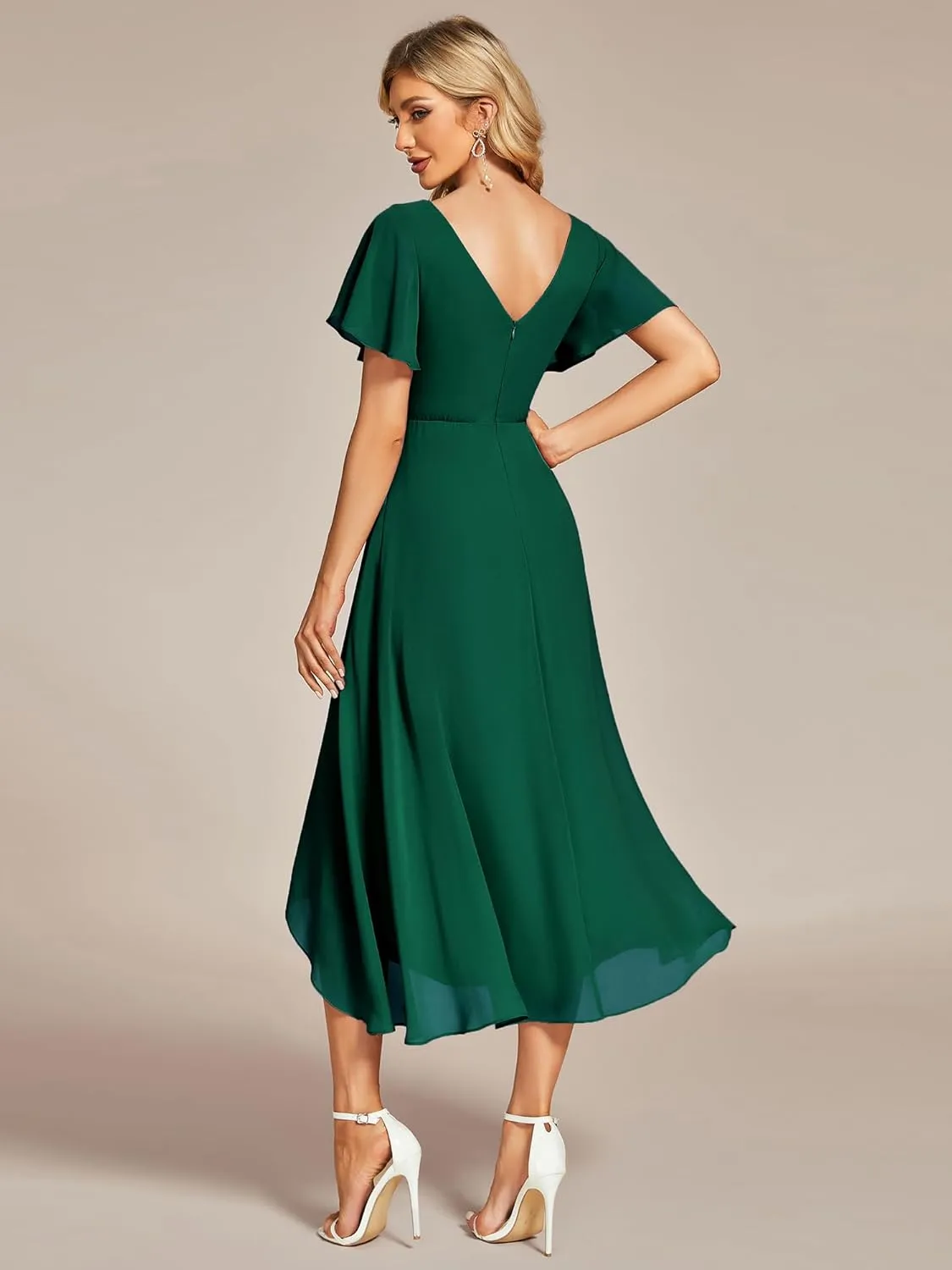Ever-Pretty Women's V Neck Ruffle Sleeves Irregular Chiffon A-Line Midi Wedding Guest Dresses 01756