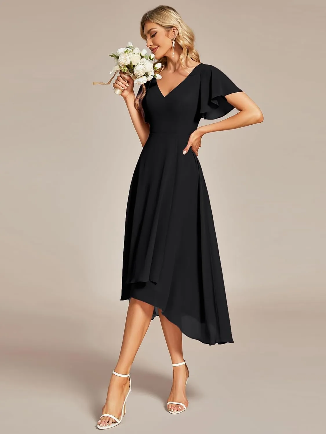Ever-Pretty Women's V Neck Ruffle Sleeves Irregular Chiffon A-Line Midi Wedding Guest Dresses 01756