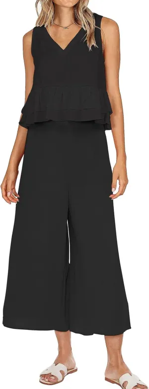 FANCYINN Women 2 Pieces Outfits Vacation V Neck Sleeveless Tank Crop Top Ruffle and Wide Leg Cropped Pants Set Tracksuit