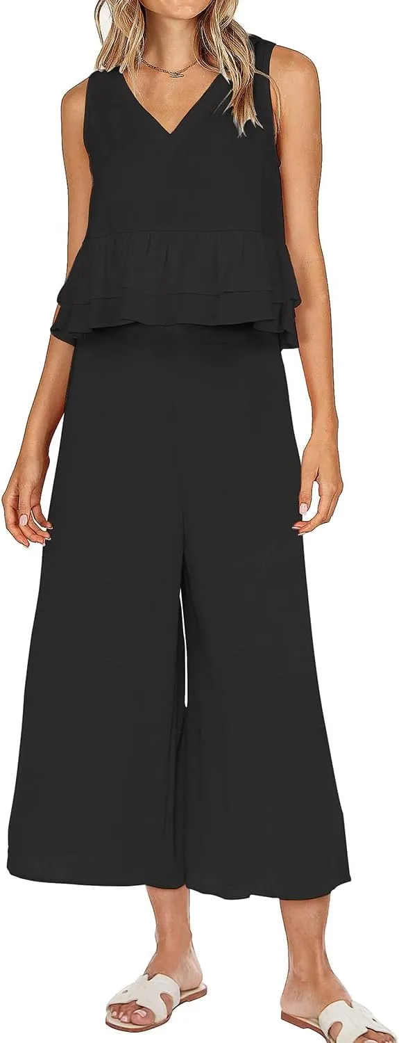 FANCYINN Women 2 Pieces Outfits Vacation V Neck Sleeveless Tank Crop Top Ruffle and Wide Leg Cropped Pants Set Tracksuit