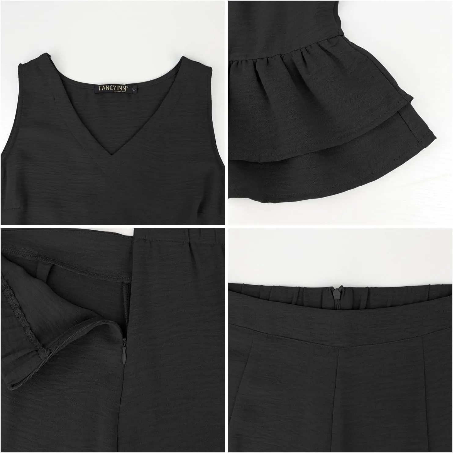 FANCYINN Women 2 Pieces Outfits Vacation V Neck Sleeveless Tank Crop Top Ruffle and Wide Leg Cropped Pants Set Tracksuit