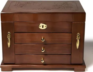 FEECOZ Wooden Jewelry Box for Women, Solid Wood Jewelry Organizer with Mirror and 3-Drawer, Ring,Necklacel,Vintage Style Storage Box with Lock (Dark BrownRose Pattern)