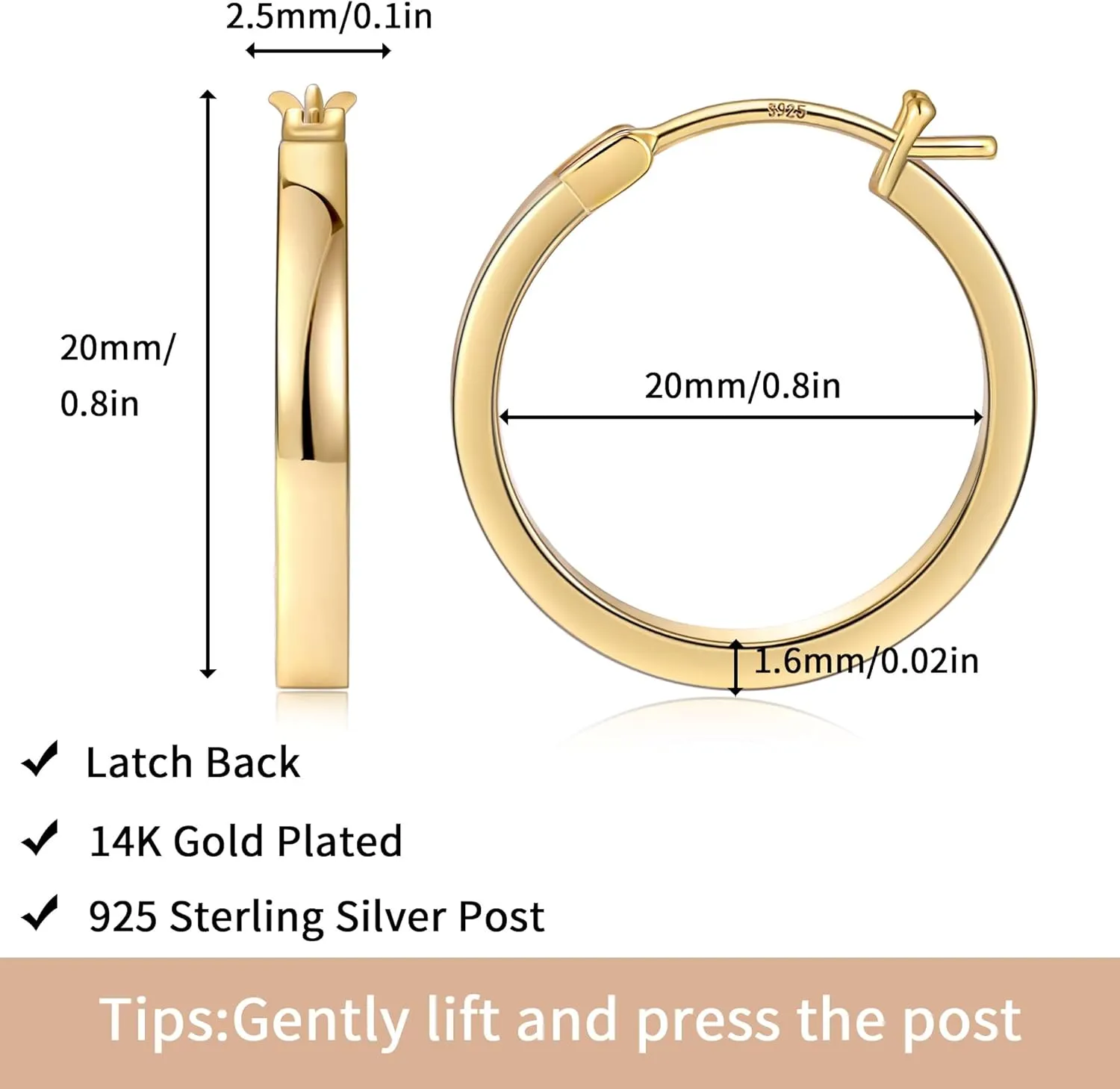 Gacimy Flatted Gold Hoop Earrings for Women 14K Real Gold Plated with 925 Sterling Silver Post