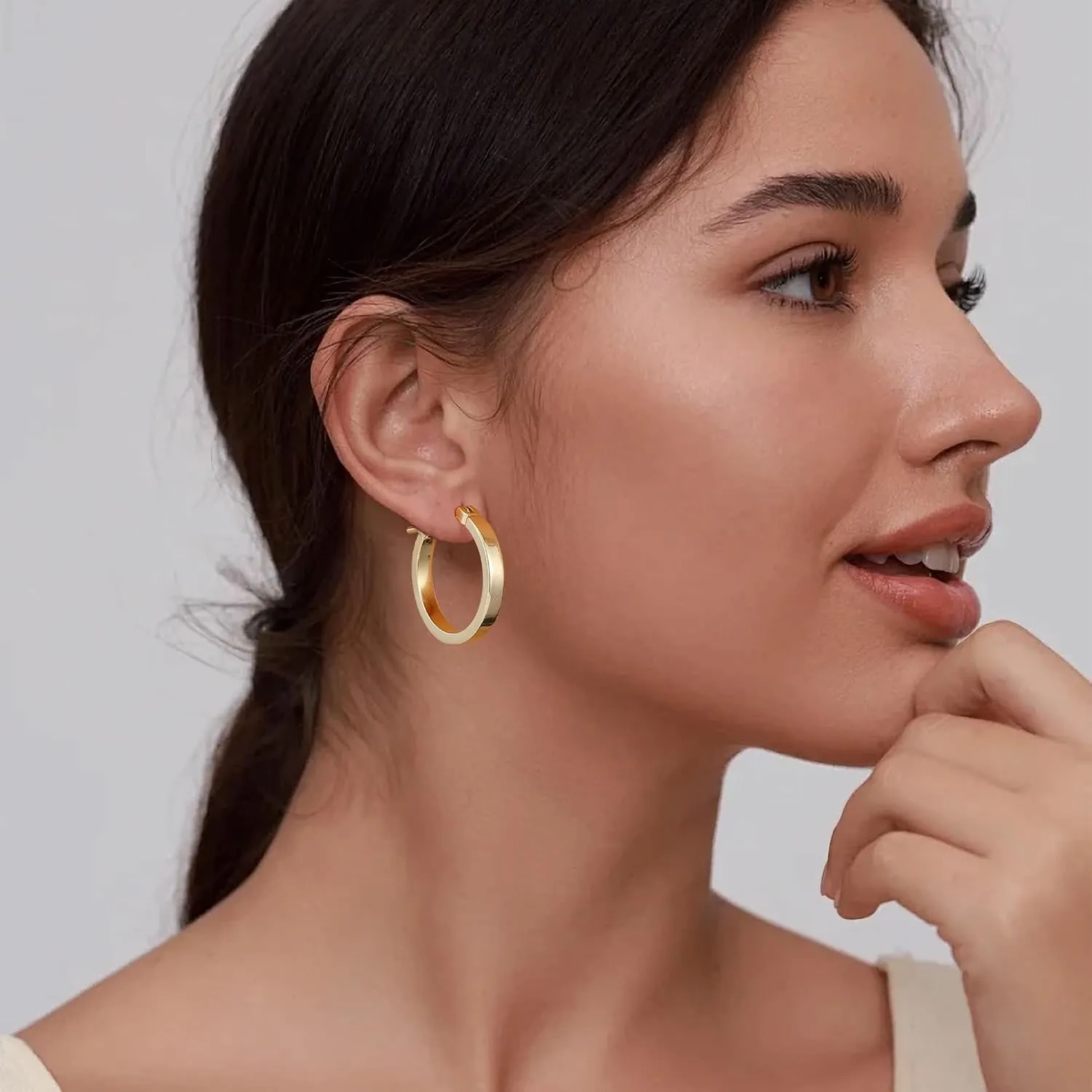 Gacimy Flatted Gold Hoop Earrings for Women 14K Real Gold Plated with 925 Sterling Silver Post