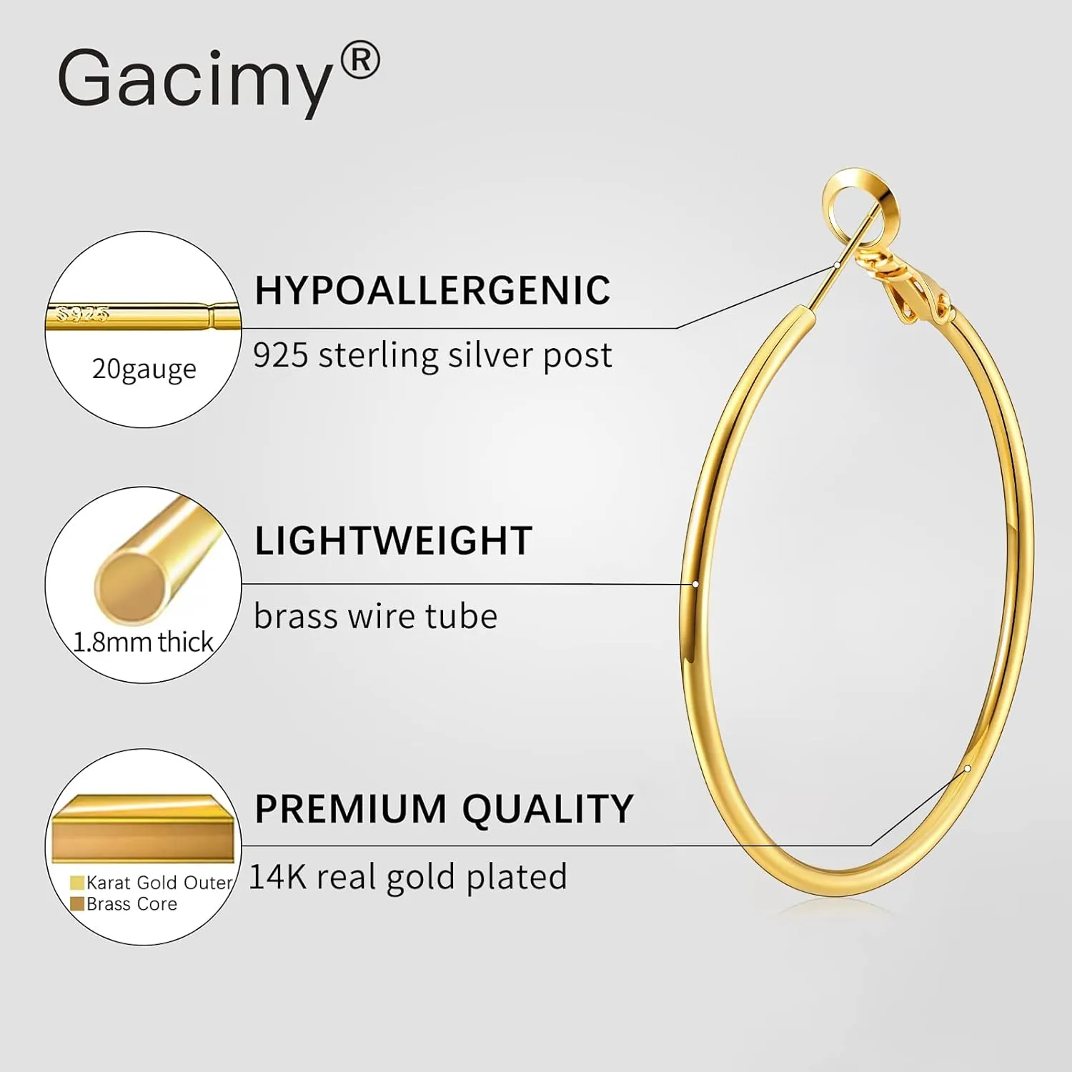 Gacimy Gold Hoop Earrings for Women 14K Gold Plated, 925 Sterling Silver Post hoops for Women