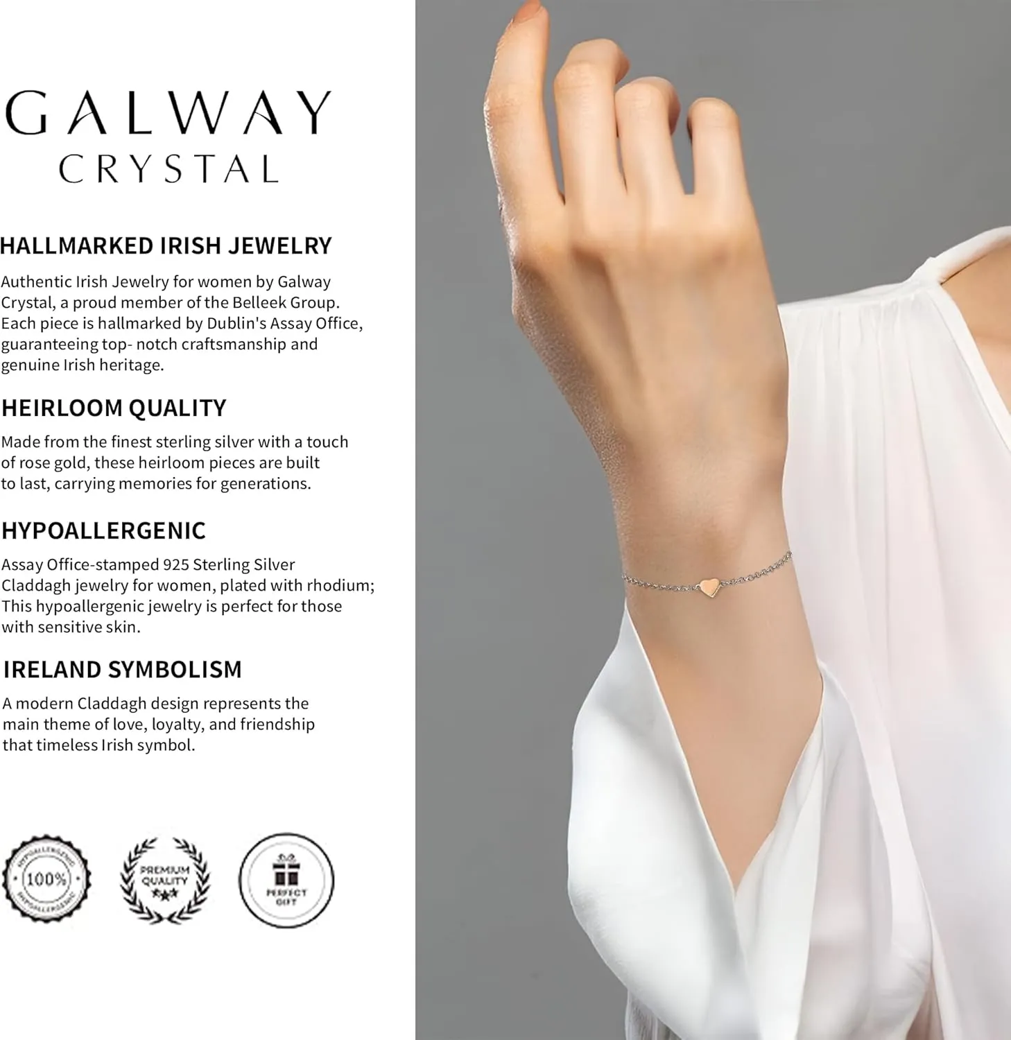 GALWAY Crystal Heart of the Claddagh Bangle Bracelet Sterling Silver Irish Friendship Jewelry with Gift Box