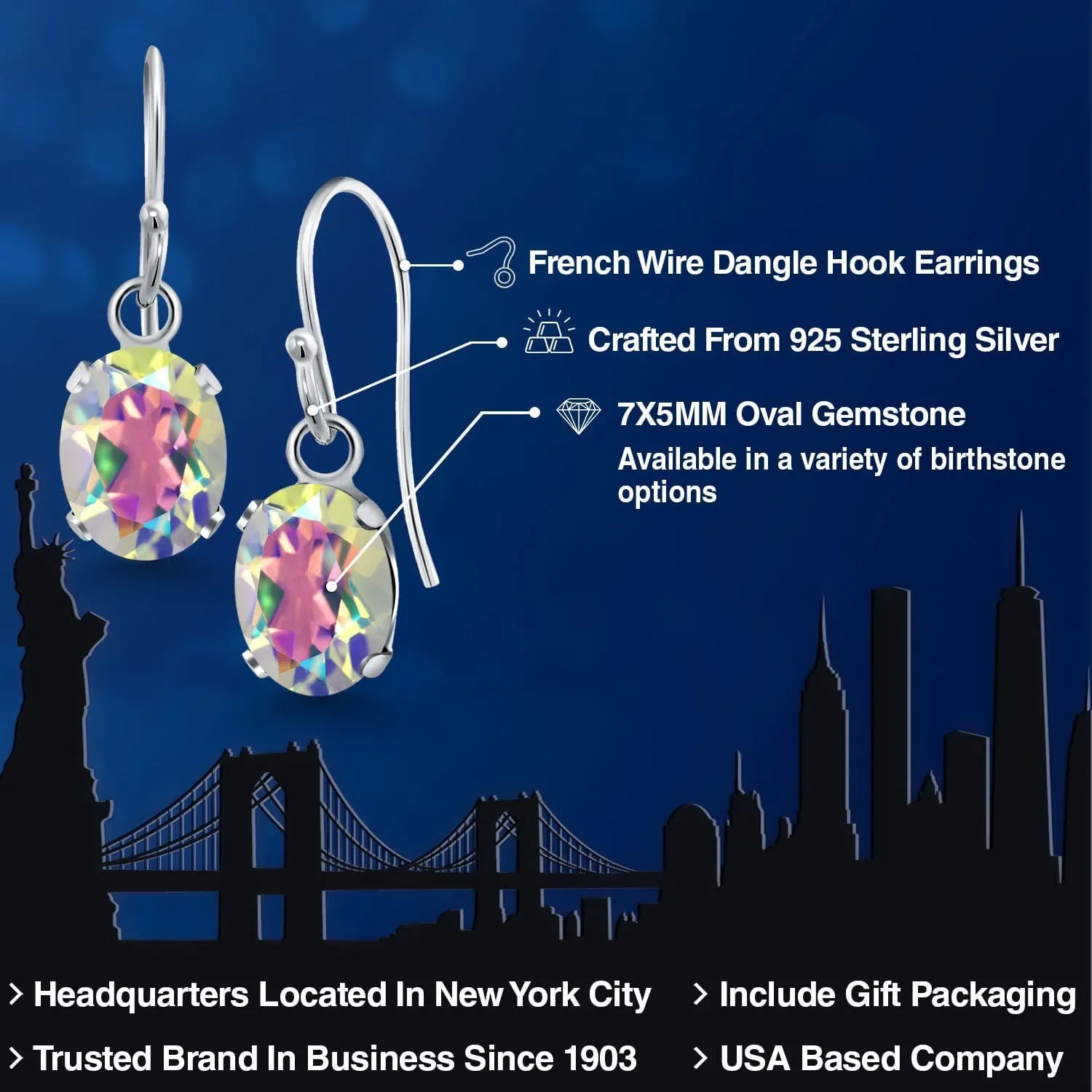 Gem Stone King 7X5MM Oval Gemstone Birthstone French Wire Dangle Hook Earrings For Women | 925 Sterling Silver | Fine Jewelry Gifts for Her Mom Women Wife