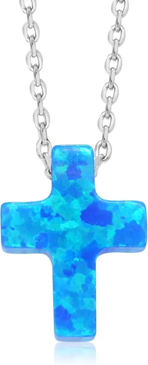 Gem Stone King 8MM Created Blue Opal Cross Pendant Necklace | Unisex | 925 Sterling Silver | With 18 Inch Silver Chain
