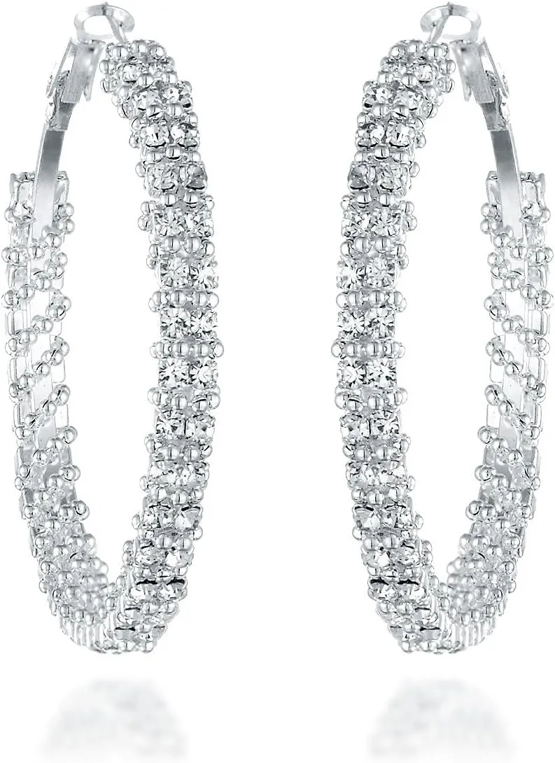 Gemini Women's Silver Plated CZ Diamonds Big Hoop Earring Valentine's Day Gifts Gm008 1.5/2 inches