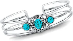 Genuine 3 Turquoise Stone Bracelet, Sterling Silver Boho Adjustable Bangle Cuff Native American Vintage Jewelry for Women, Fit for 6.5 7 7.5 Inches