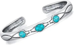 Genuine 3 Turquoise Stone Bracelet, Sterling Silver Boho Adjustable Bangle Cuff Native American Western Jewelry for Women, Fit for 6.5 7 7.5 Inches