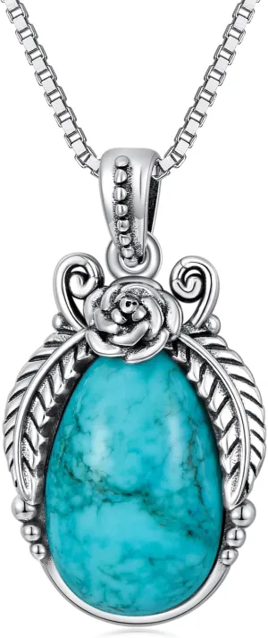 Genuine Teardrop Turquoise Necklace with Rose, Sterling Silver Boho Native Vintage Necklace Western Jewelry Birthdays Gift