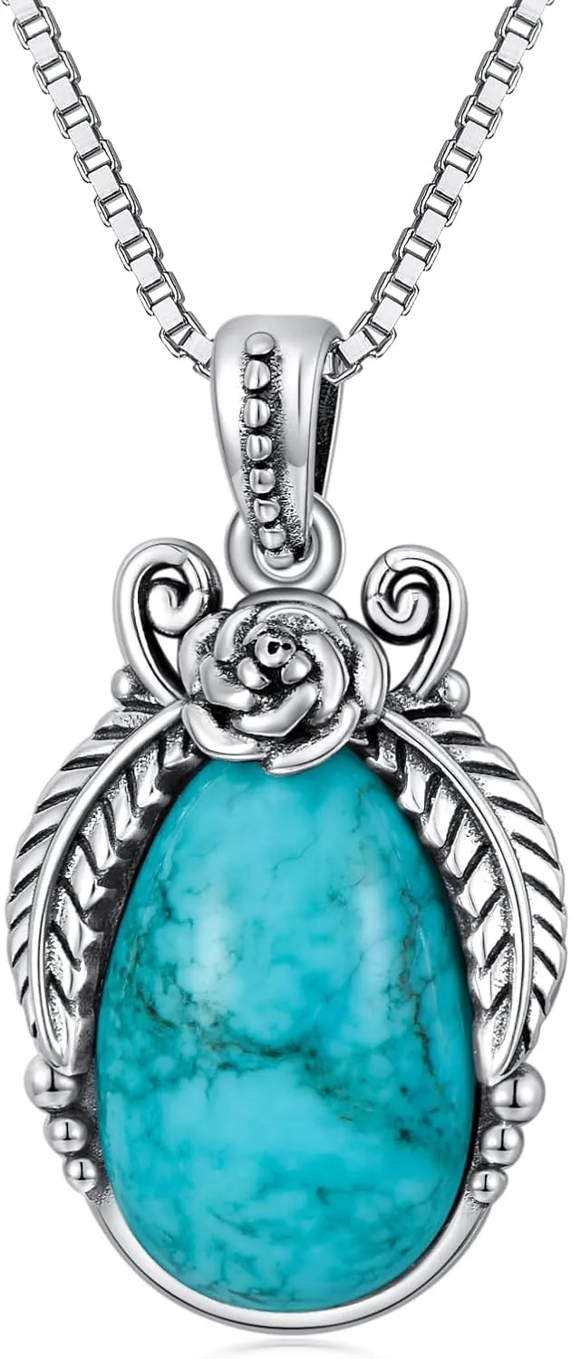 Genuine Teardrop Turquoise Necklace with Rose, Sterling Silver Boho Native Vintage Necklace Western Jewelry Birthdays Gift