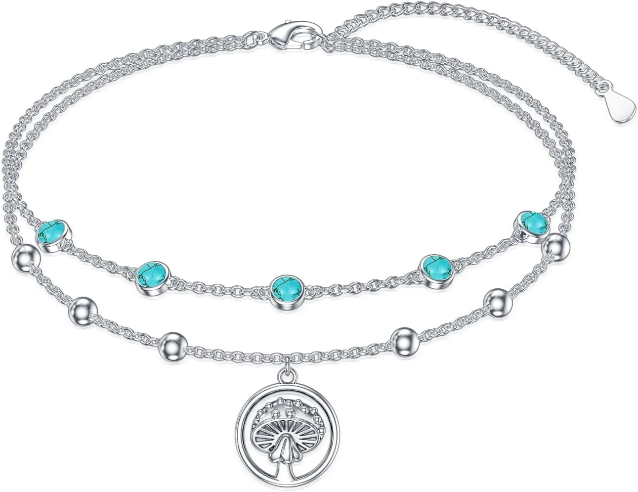 Genuine Turquoise Anklet with mushroom, Sterling Silver Summer Beach Dainty Bohemia Nature Gemstone Jewelry for Women, 9 2''