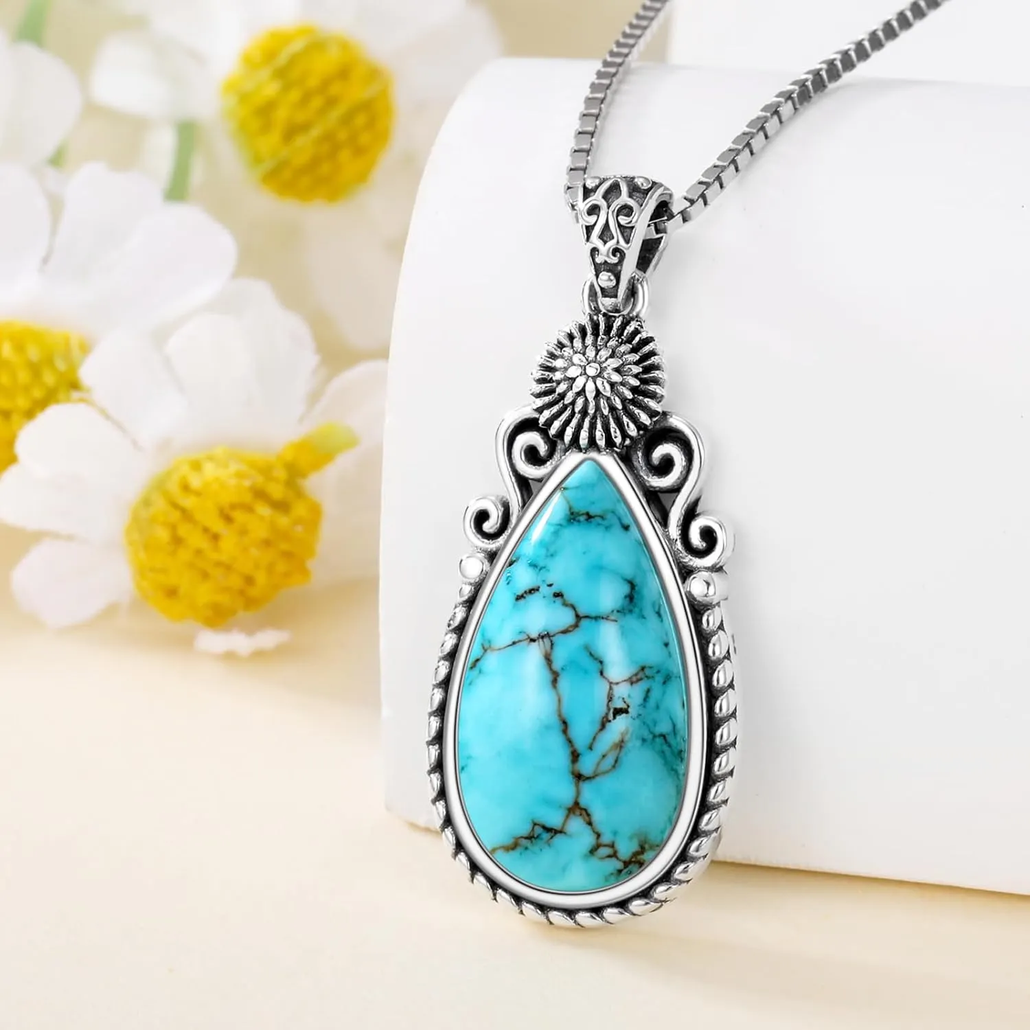 Genuine Turquoise Birth Flower Pendant Necklace, Sterling Silver Vintage Native Western Jewelry Birthdays Gift for Women