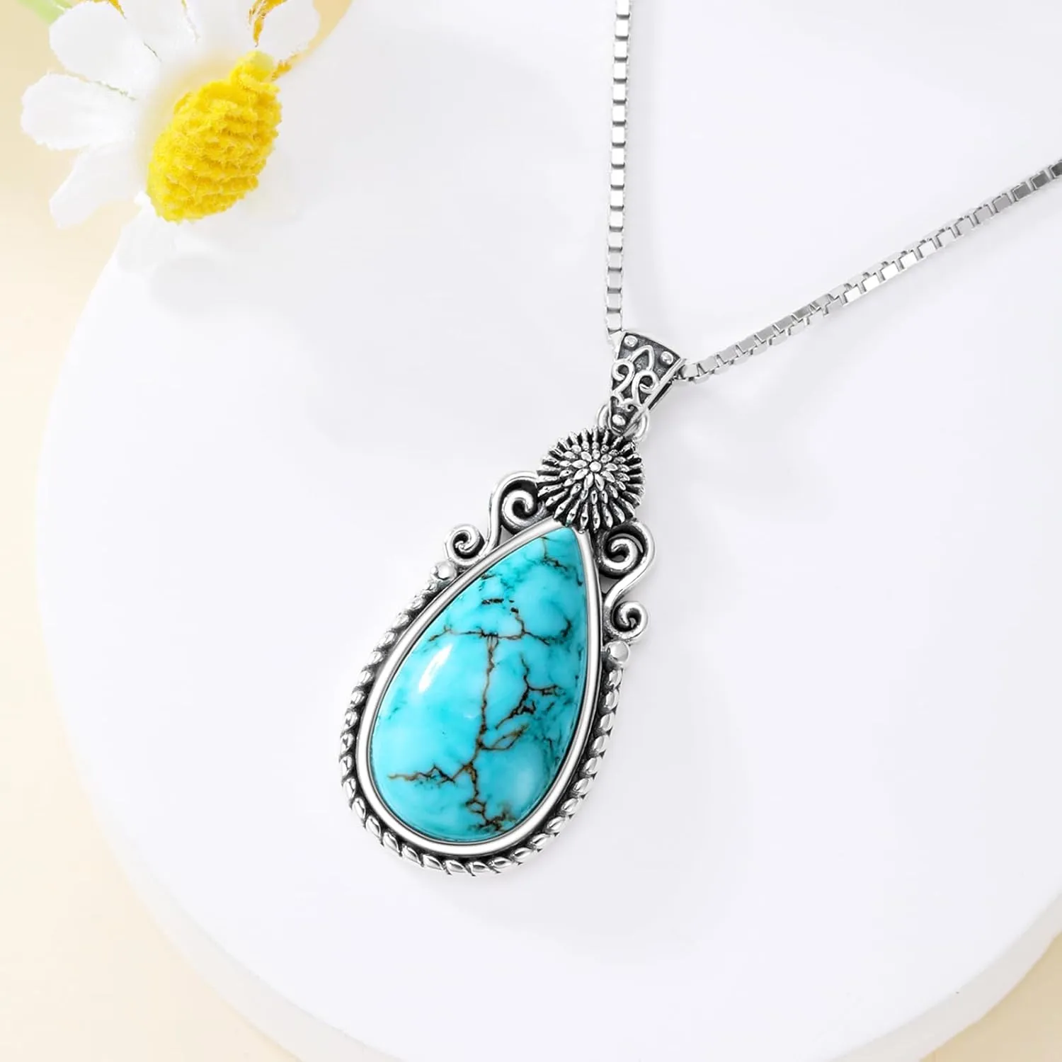 Genuine Turquoise Birth Flower Pendant Necklace, Sterling Silver Vintage Native Western Jewelry Birthdays Gift for Women