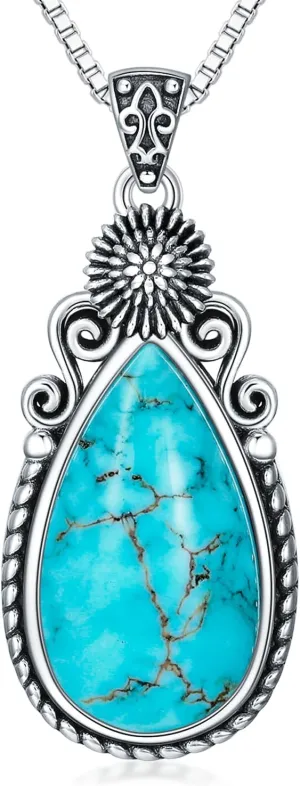Genuine Turquoise Birth Flower Pendant Necklace, Sterling Silver Vintage Native Western Jewelry Birthdays Gift for Women