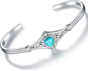 Genuine Turquoise Bracelet, Sterling Silver Boho Adjustable Bangle Cuff Native American Vintage Jewelry for Women, Fit for 6.5 7 7.5 Inches
