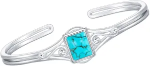Genuine Turquoise Bracelet, Sterling Silver Minimalism Boho Style Adjustable Bangle Cuff Native American Vintage Jewelry Birthdays Gift, Fit for 6.5 7 7.5 Inches