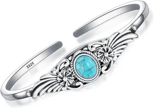 Genuine Turquoise Flower Vintage Bracelet, Sterling Silver Boho Adjustable Cuff Bangle Native American Western Jewelry for Women, Fit for 6.5 7 7.5 Inches