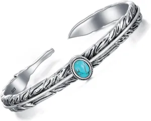 Genuine Turquoise Leaf Bracelet, Sterling Silver Boho Adjustable Cuff Bangle Native American Western Jewelry for Women, Fit for 6.5 7 7.5 Inches