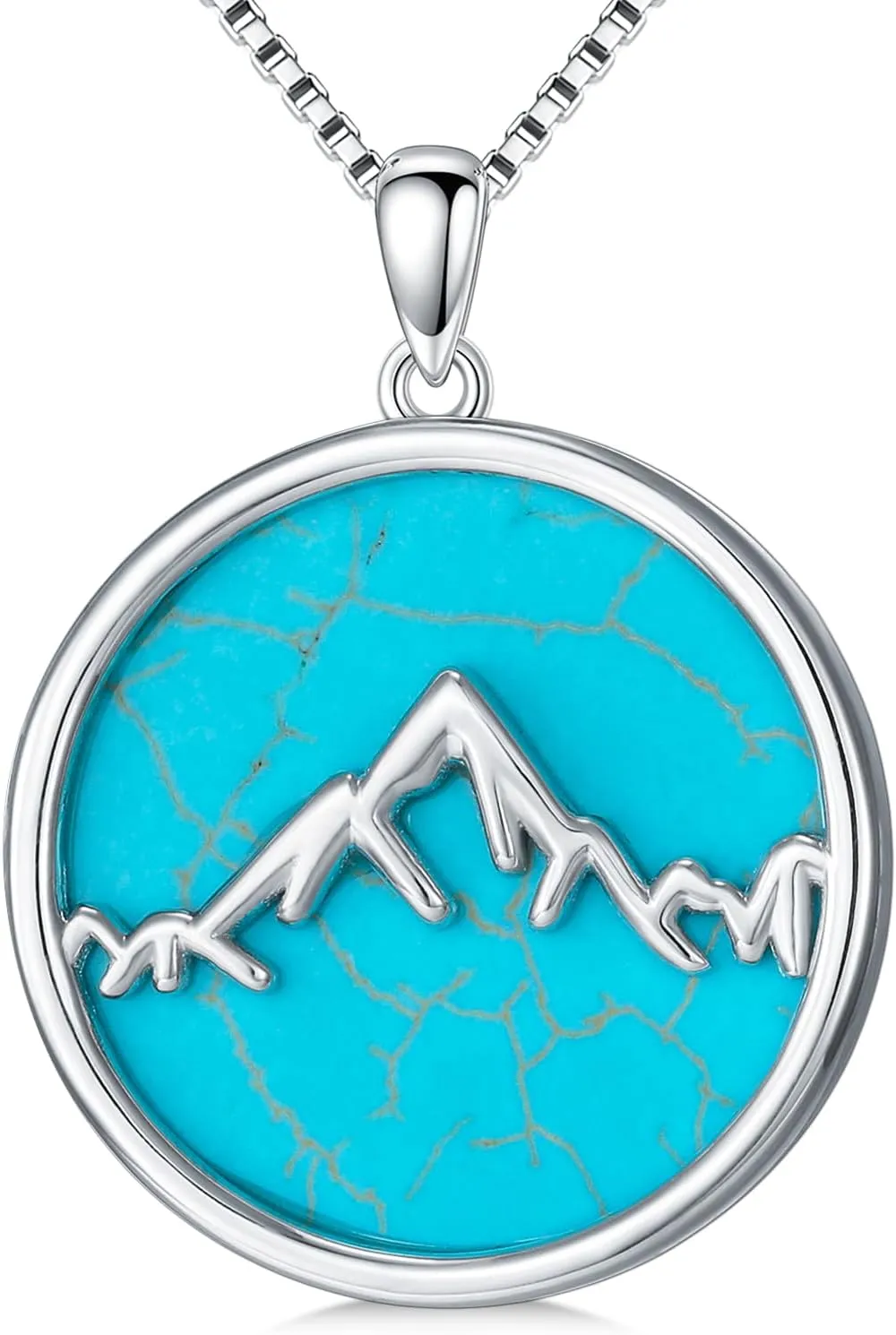 Genuine Turquoise Necklace, Sterling Silver Boho Vintage Native American Mountain Pendant Necklace Western Jewelry Birthdays Gift for Women