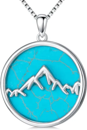 Genuine Turquoise Necklace, Sterling Silver Boho Vintage Native American Mountain Pendant Necklace Western Jewelry Birthdays Gift for Women