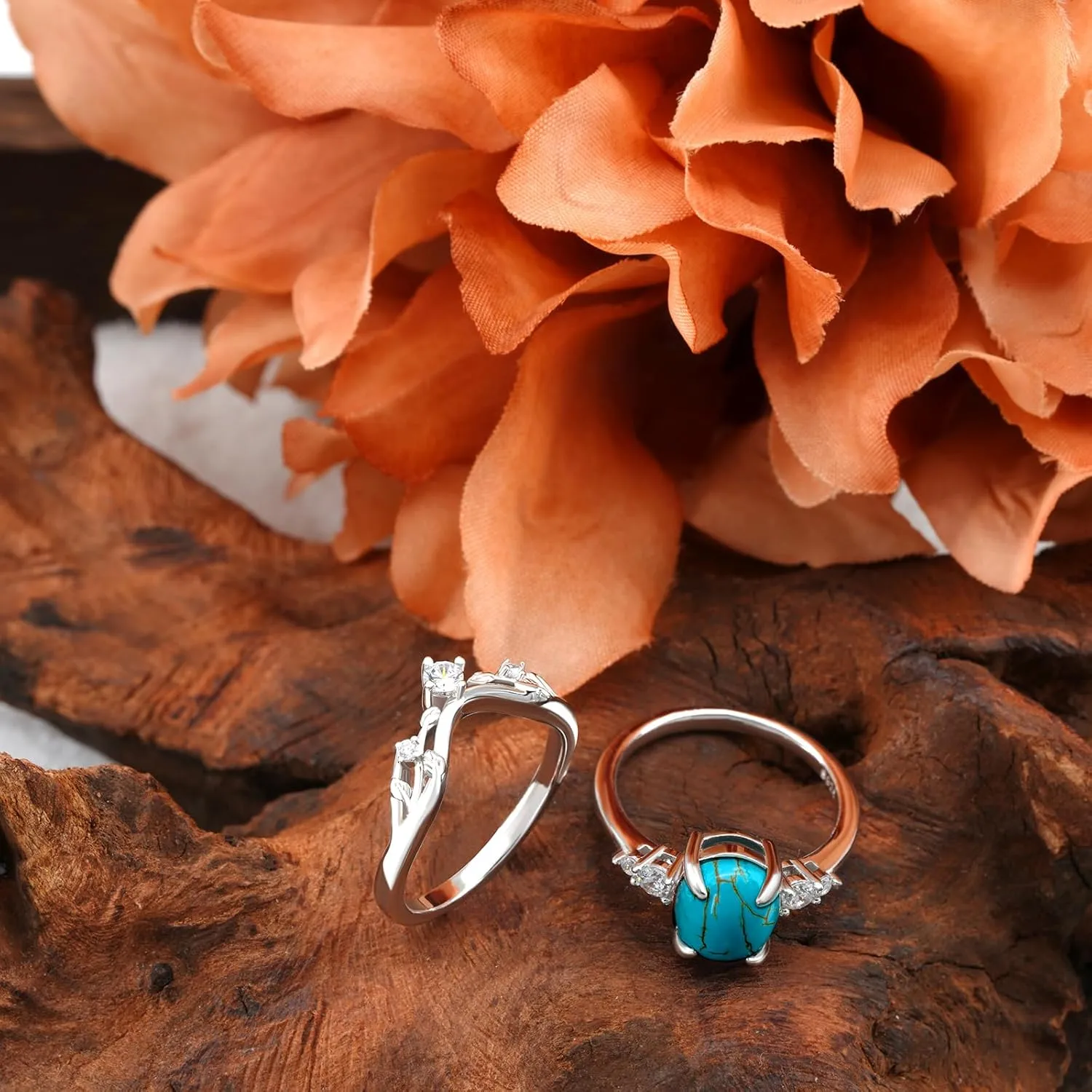 Genuine Turquoise Rings for Women 925 Sterling Silver Turquoise Engagement Ring Set Western Nature Gemstone Turquoise Promise Wedding Ring Jewelry for Women