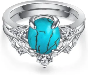 Genuine Turquoise Rings for Women 925 Sterling Silver Turquoise Engagement Ring Set Western Nature Gemstone Turquoise Promise Wedding Ring Jewelry for Women