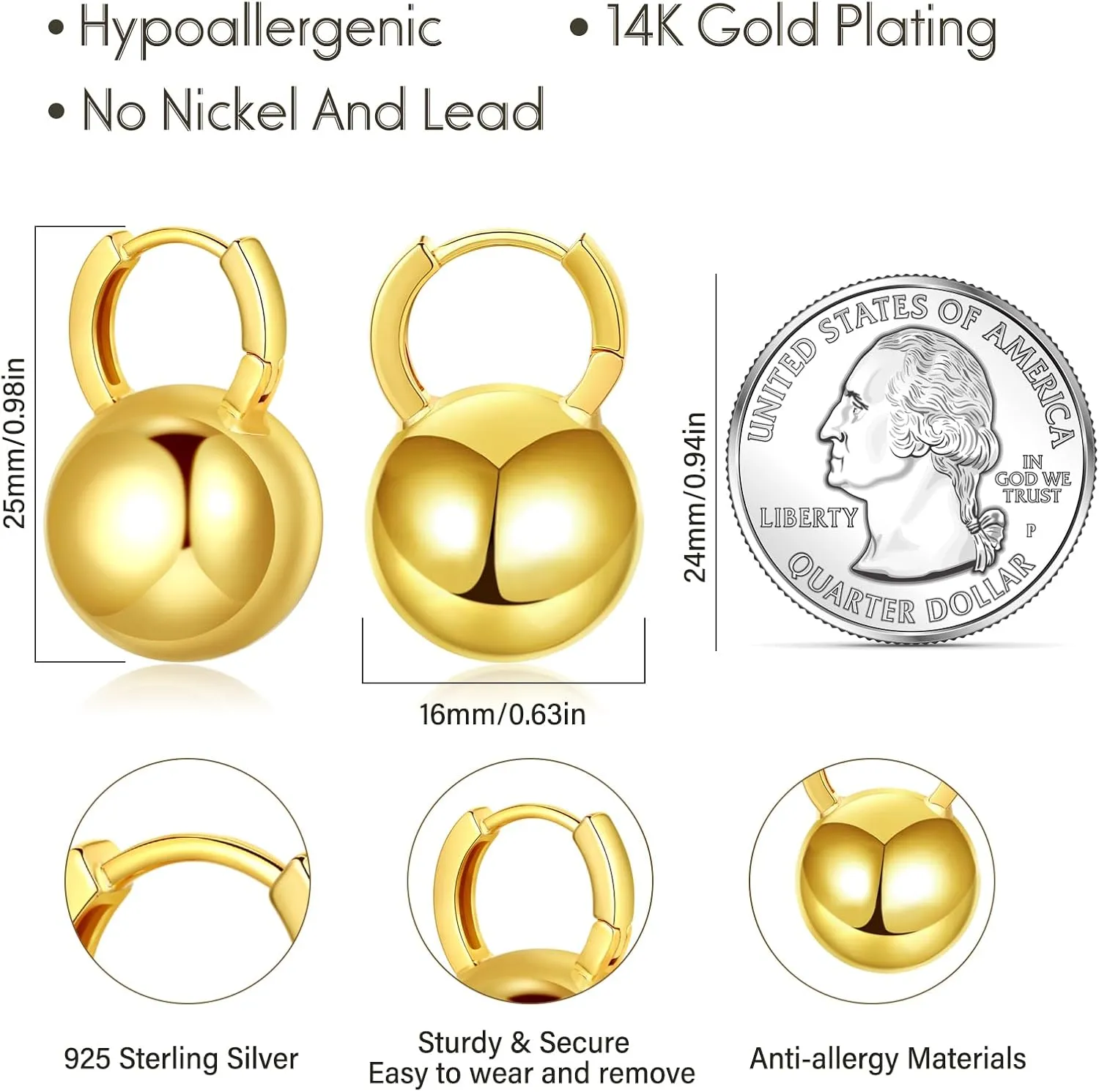 Gold Dangle Earrings for Women Sterling Silver Ball Drop Earrings Hypoallergenic Round Hoop Leverback Lightweight Fashion Jewelry