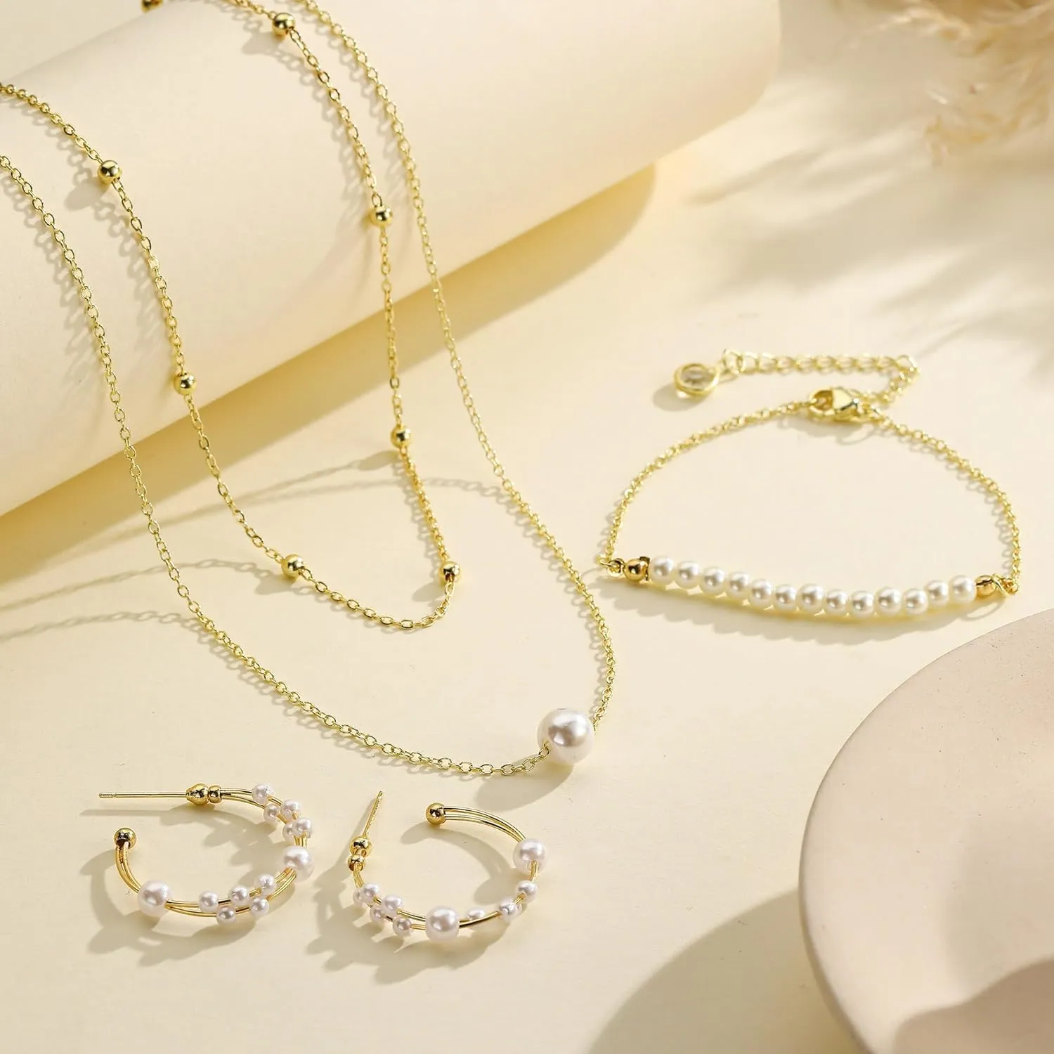 Gold Jewelry Set for Women Dainty 14K Gold Plated Jewelry Set Layered Faux Pearl Choker Necklace Bracelet Long Pearl Drop Earrings Set