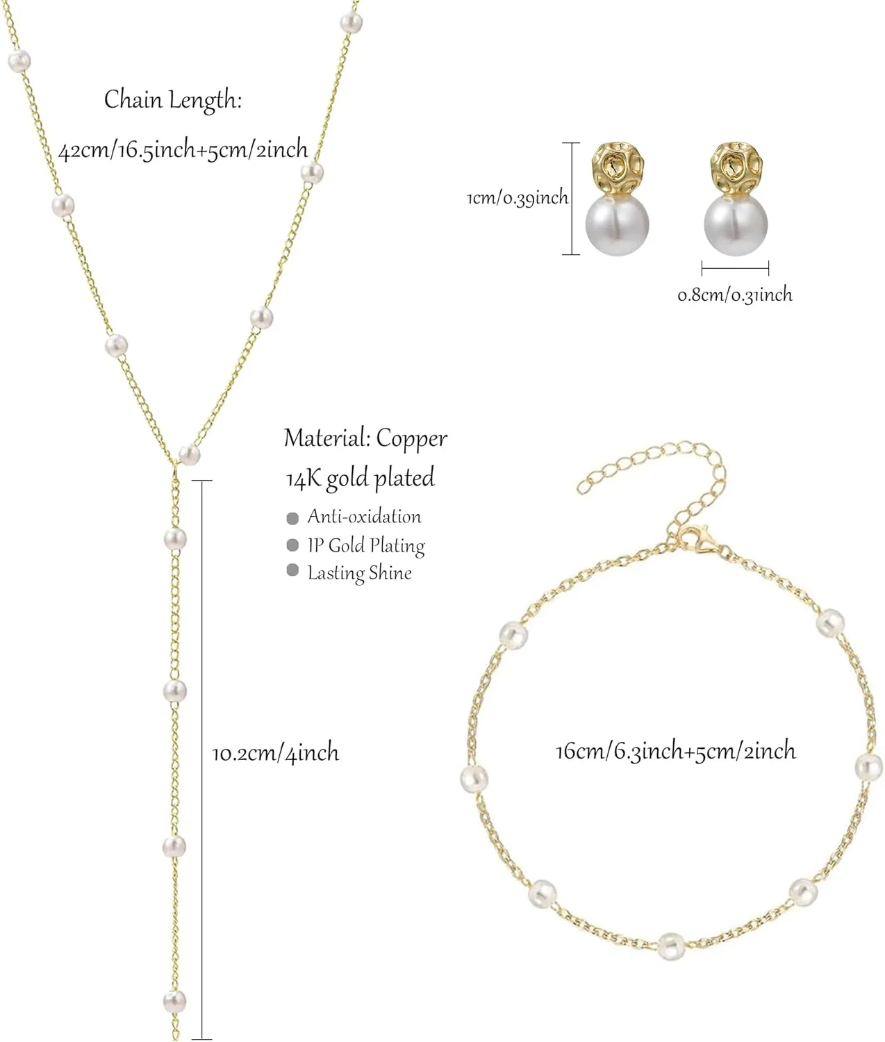 Gold Jewelry Set for Women Dainty 14K Gold Plated Jewelry Set Layered Faux Pearl Choker Necklace Bracelet Long Pearl Drop Earrings Set