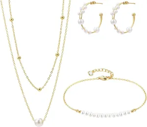 Gold Jewelry Set for Women Dainty 14K Gold Plated Jewelry Set Layered Faux Pearl Choker Necklace Bracelet Long Pearl Drop Earrings Set