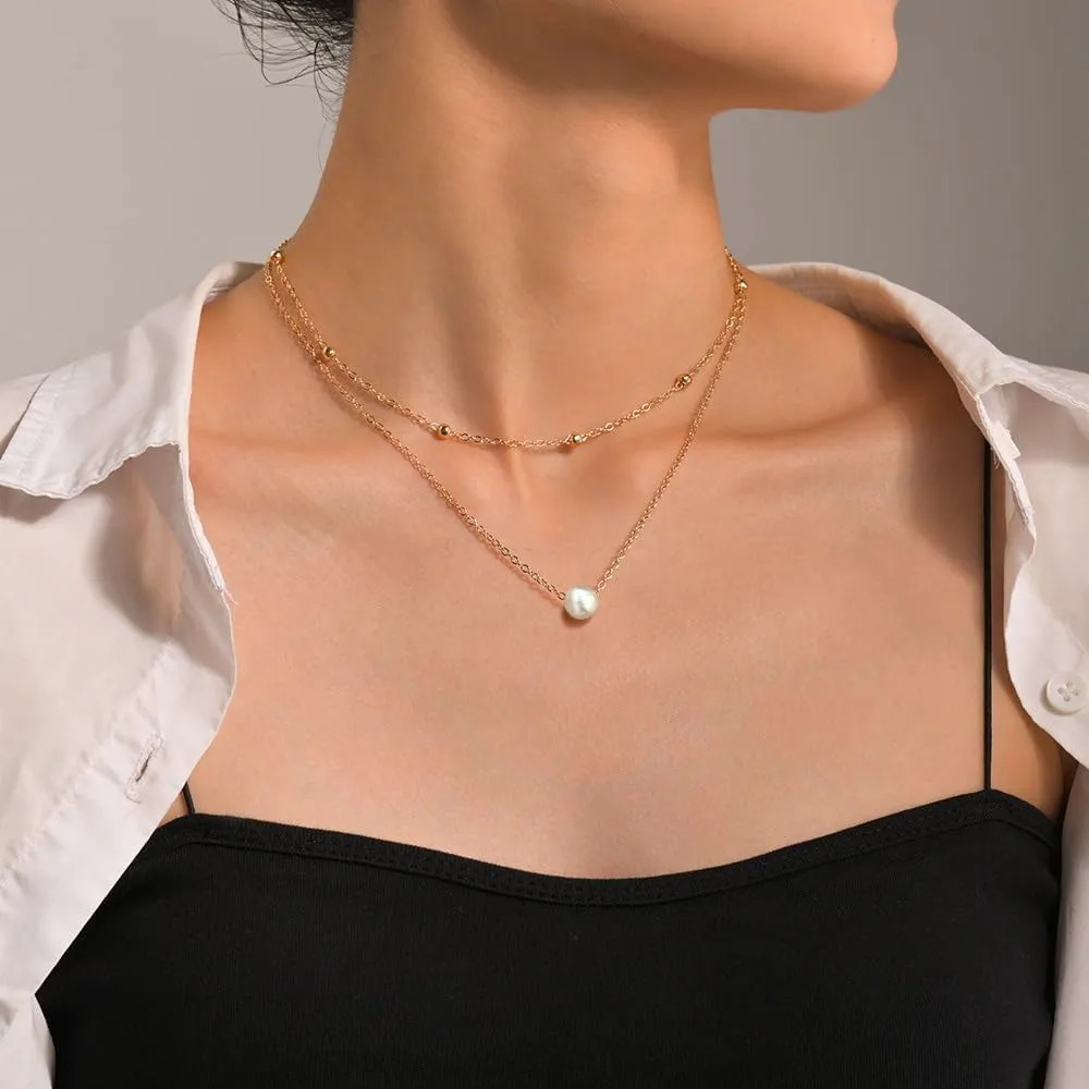 Gold Jewelry Set for Women Dainty 14K Gold Plated Jewelry Set Layered Faux Pearl Choker Necklace Bracelet Long Pearl Drop Earrings Set