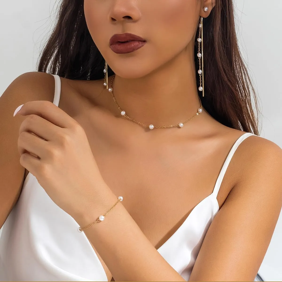Gold Jewelry Set for Women Dainty 14K Gold Plated Jewelry Set Layered Faux Pearl Choker Necklace Bracelet Long Pearl Drop Earrings Set