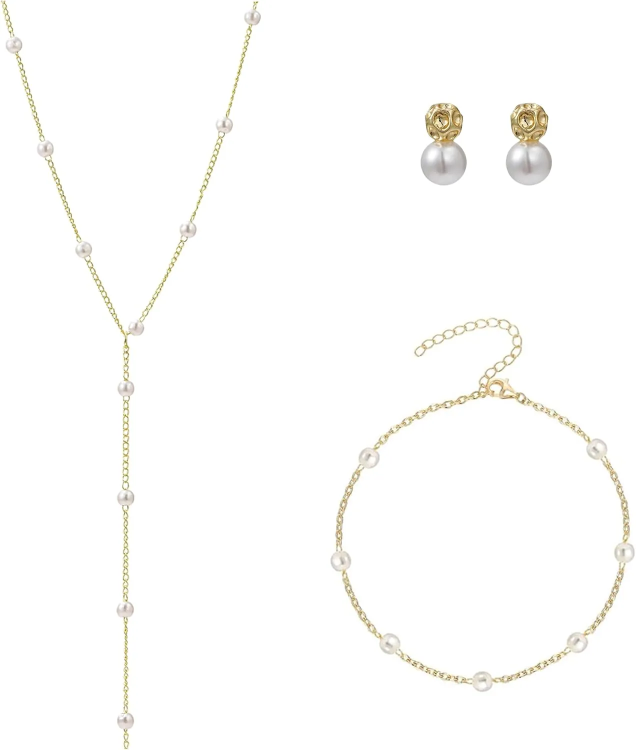 Gold Jewelry Set for Women Dainty 14K Gold Plated Jewelry Set Layered Faux Pearl Choker Necklace Bracelet Long Pearl Drop Earrings Set