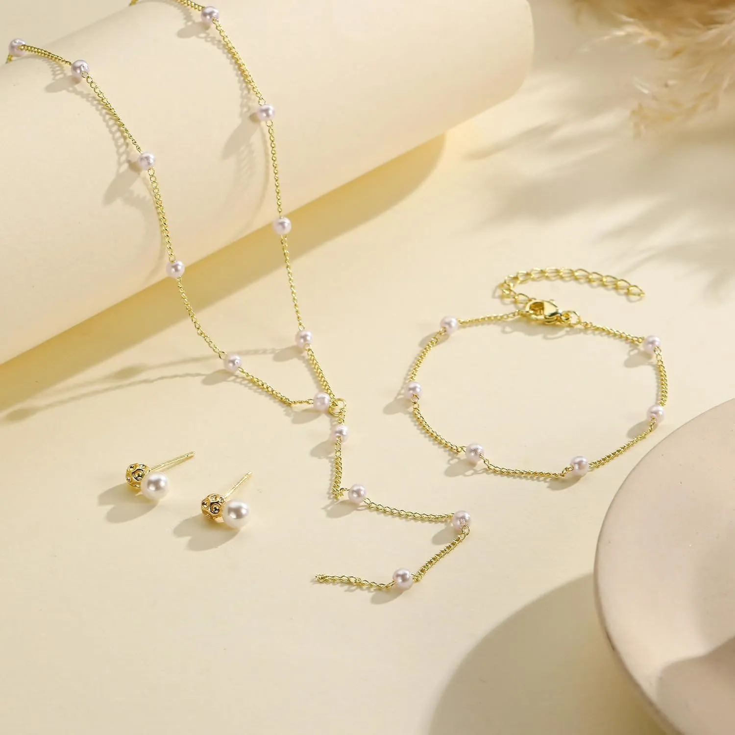 Gold Jewelry Set for Women Dainty 14K Gold Plated Jewelry Set Layered Faux Pearl Choker Necklace Bracelet Long Pearl Drop Earrings Set