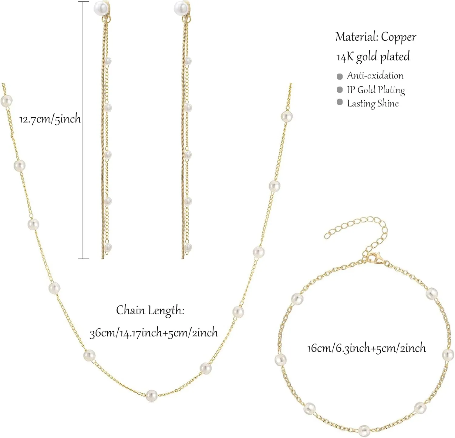 Gold Jewelry Set for Women Dainty 14K Gold Plated Jewelry Set Layered Faux Pearl Choker Necklace Bracelet Long Pearl Drop Earrings Set