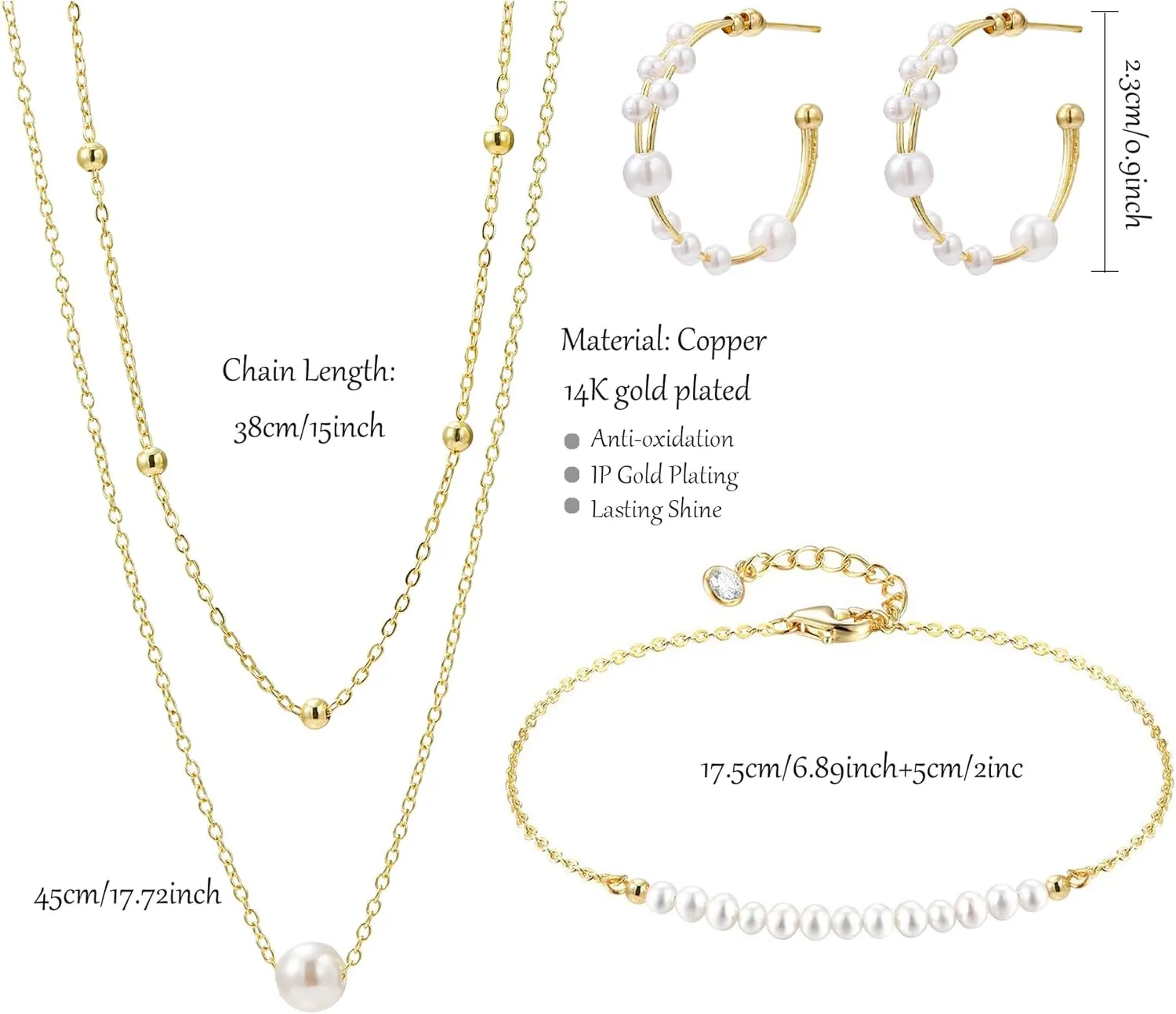 Gold Jewelry Set for Women Dainty 14K Gold Plated Jewelry Set Layered Faux Pearl Choker Necklace Bracelet Long Pearl Drop Earrings Set