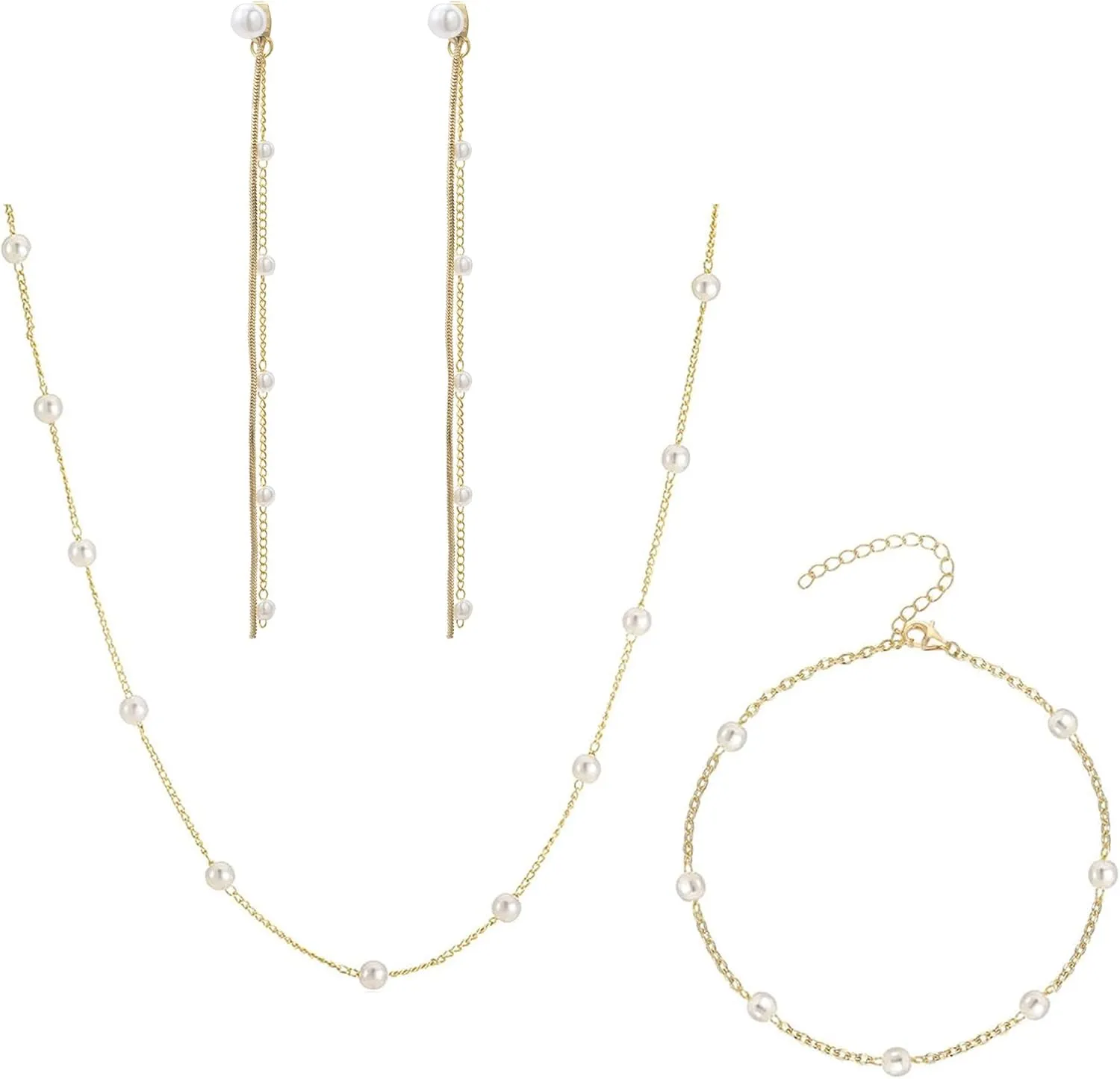 Gold Jewelry Set for Women Dainty 14K Gold Plated Jewelry Set Layered Faux Pearl Choker Necklace Bracelet Long Pearl Drop Earrings Set