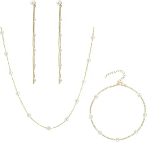 Gold Jewelry Set for Women Dainty 14K Gold Plated Jewelry Set Layered Faux Pearl Choker Necklace Bracelet Long Pearl Drop Earrings Set