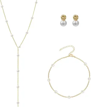 Gold Jewelry Set for Women Dainty 14K Gold Plated Jewelry Set Layered Faux Pearl Choker Necklace Bracelet Long Pearl Drop Earrings Set