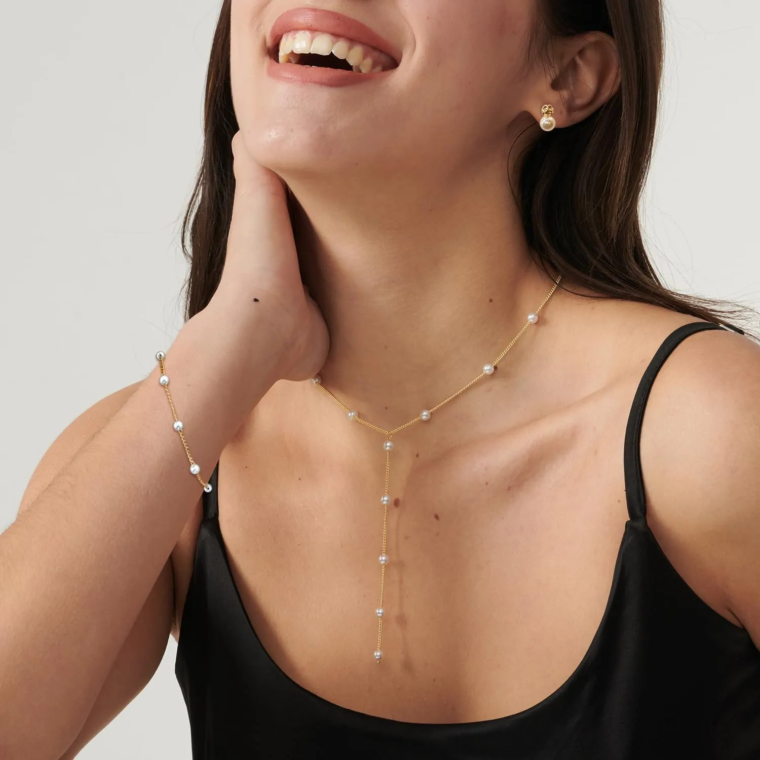 Gold Jewelry Set for Women Dainty 14K Gold Plated Jewelry Set Layered Faux Pearl Choker Necklace Bracelet Long Pearl Drop Earrings Set