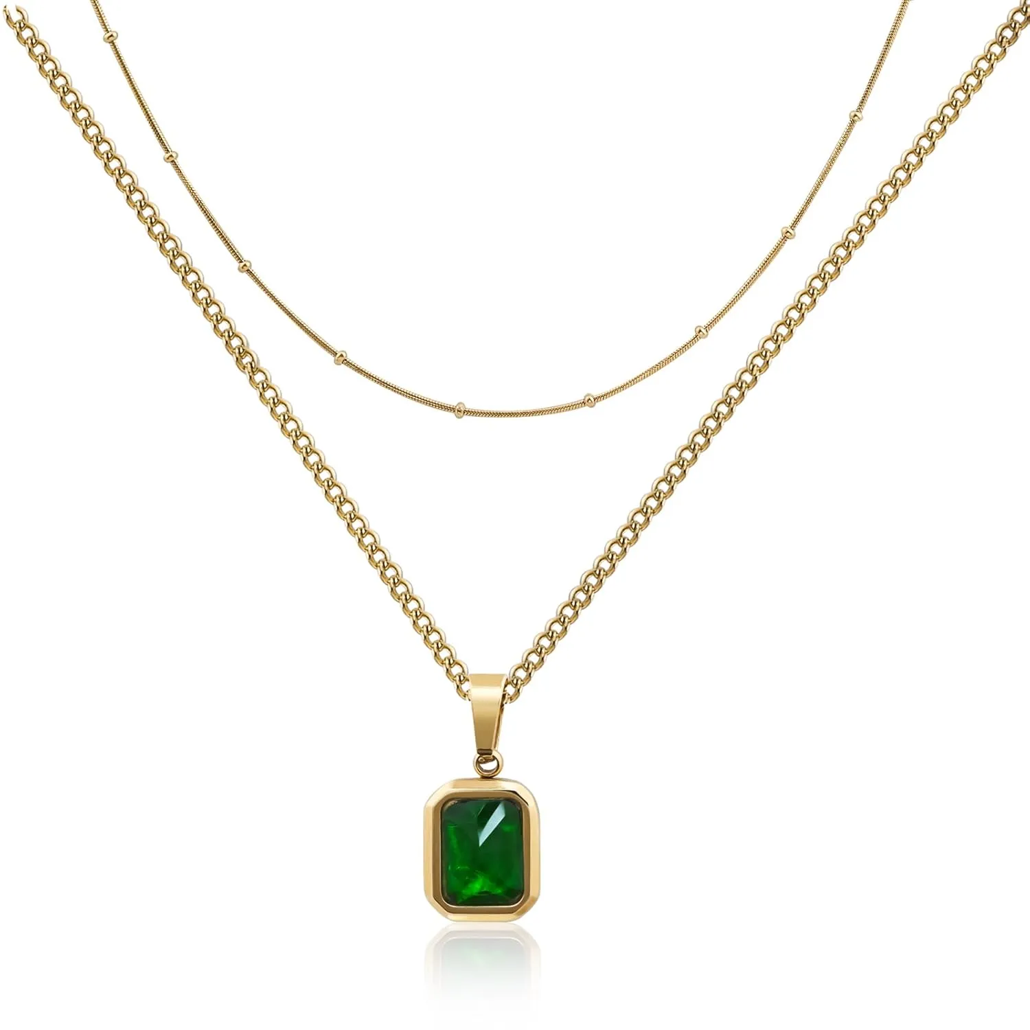 Gold Layered Necklace Emerald Green Necklace for Women Tiny Birthstone Pendant Necklace Emerald Green Jewelry for Gift