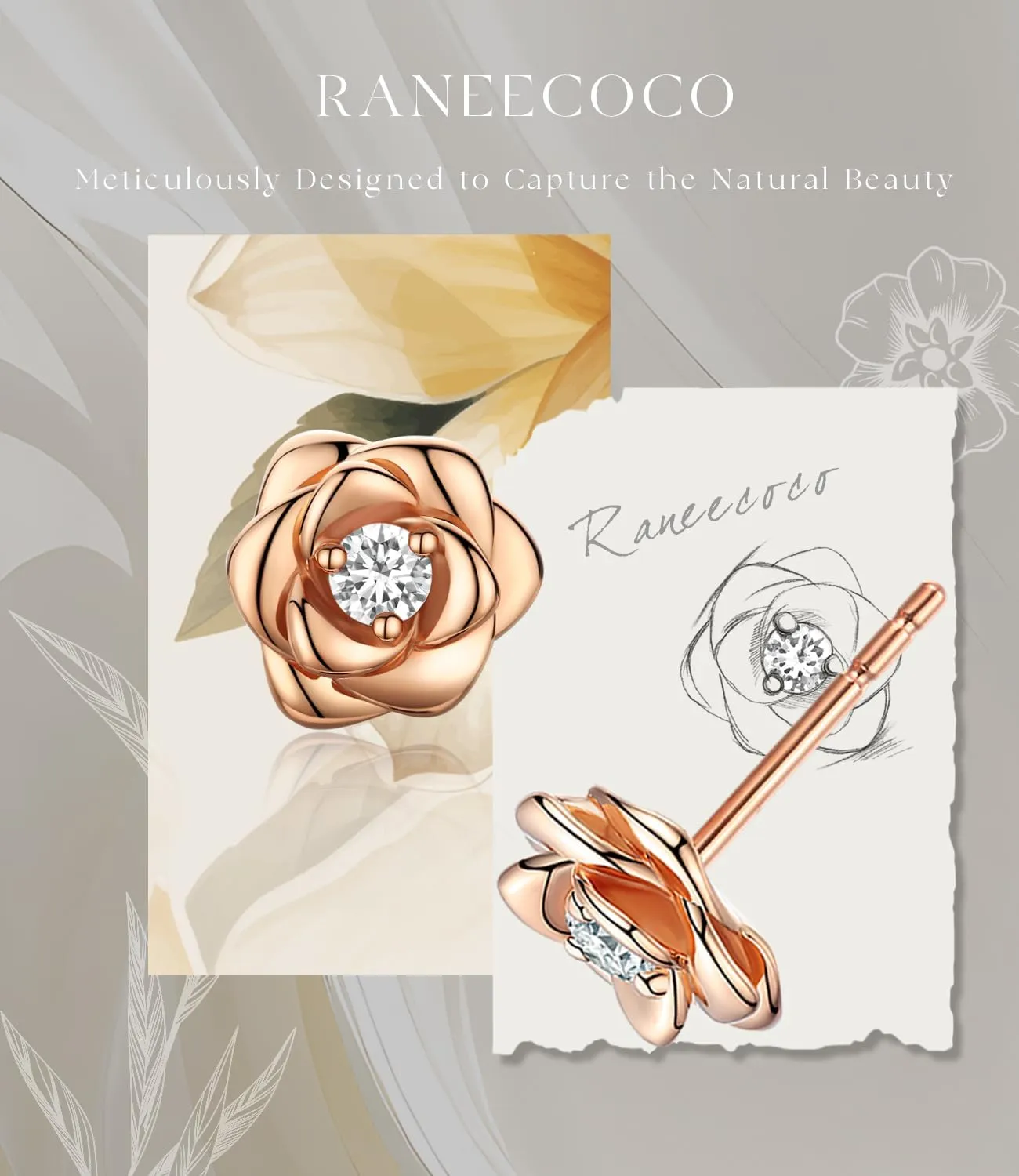 Gold Plated Sterling Silver Rose Flower Earring Studs, Hypoallergenic & Nickel Free Earrings for Women