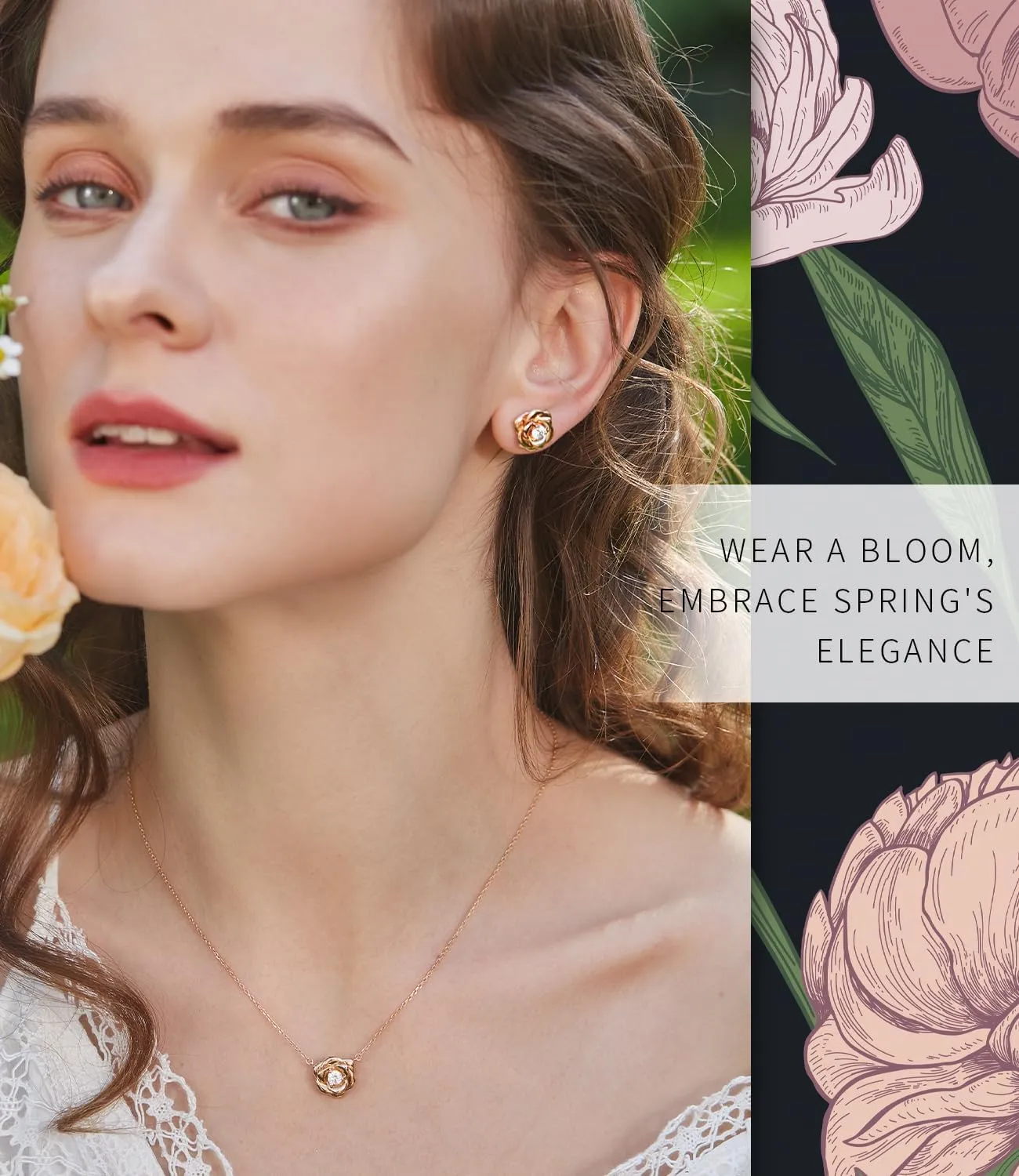 Gold Plated Sterling Silver Rose Flower Earring Studs, Hypoallergenic & Nickel Free Earrings for Women