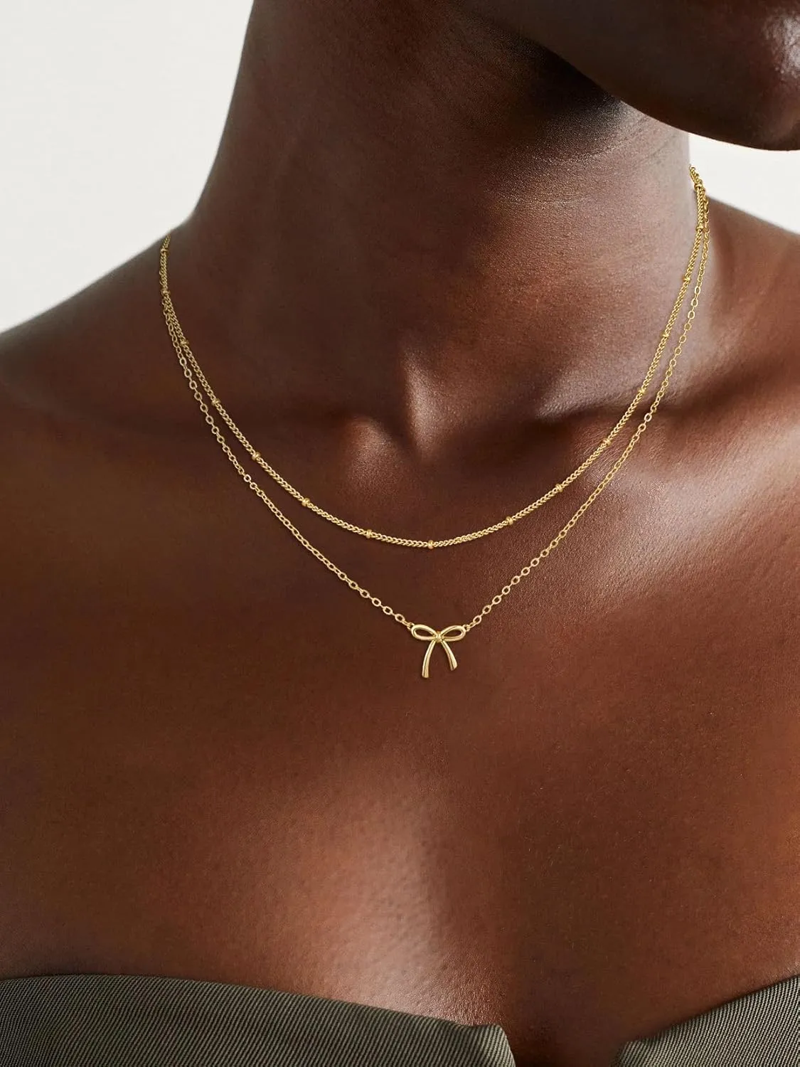 Gold/Silver Necklace for Women,Bow Necklace 14K Gold Plated Layered Dainty Bow Pendant Choker Chain Cute Bowknot Necklace Trendy Jewelry for Women