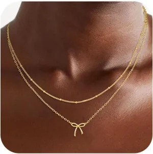 Gold/Silver Necklace for Women,Bow Necklace 14K Gold Plated Layered Dainty Bow Pendant Choker Chain Cute Bowknot Necklace Trendy Jewelry for Women